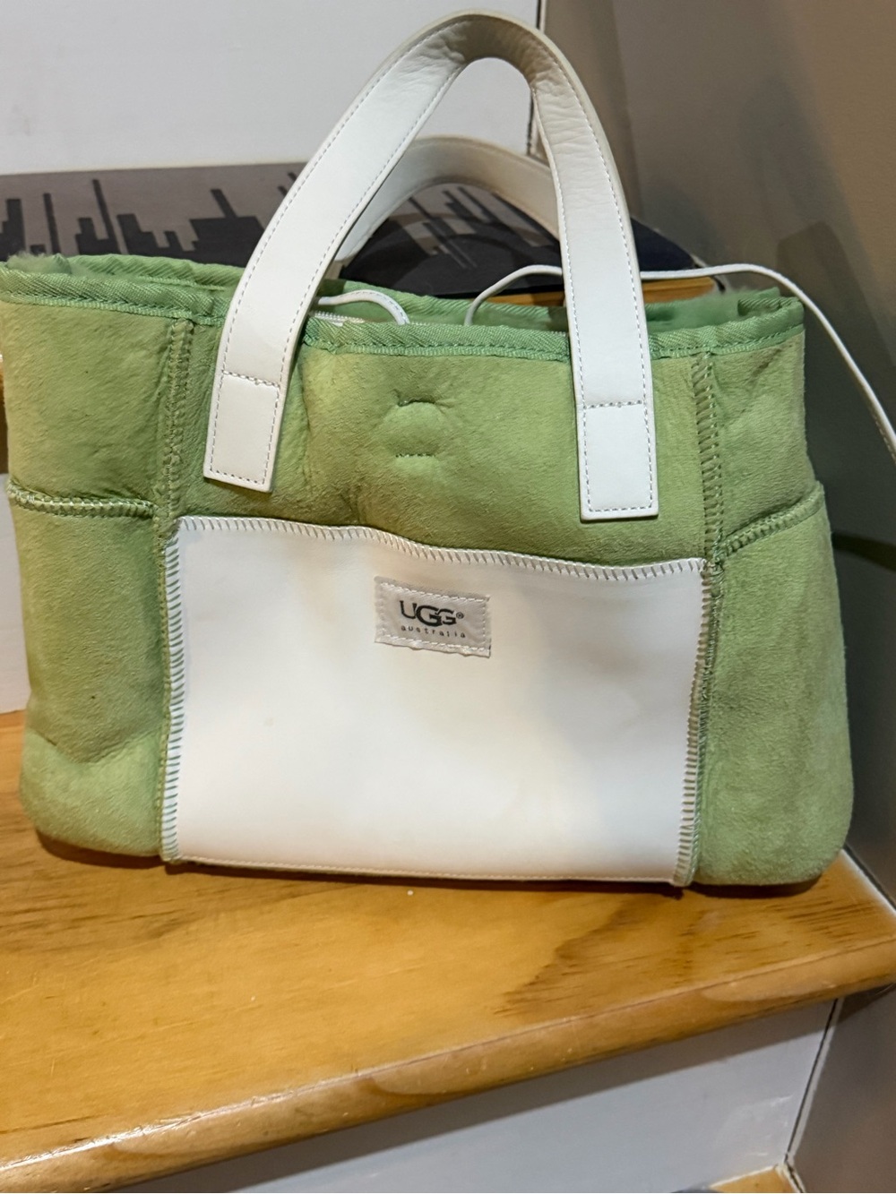 UGG Green Suede Tote with White Leather Pocket and Handles